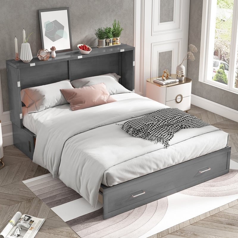 Mixoy Queen Murphy Bed Cabinet Bed Chest with Mattress,Drawers,USB Charging Station