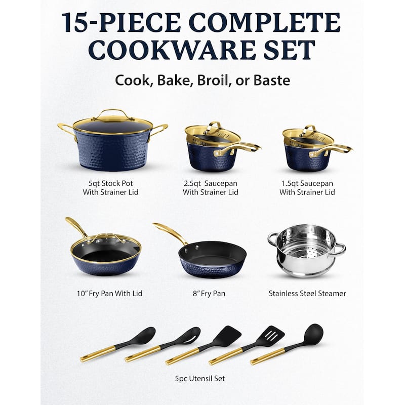 Granitestone Charleston Hammered 15 Piece Nonstick Cookware Set
