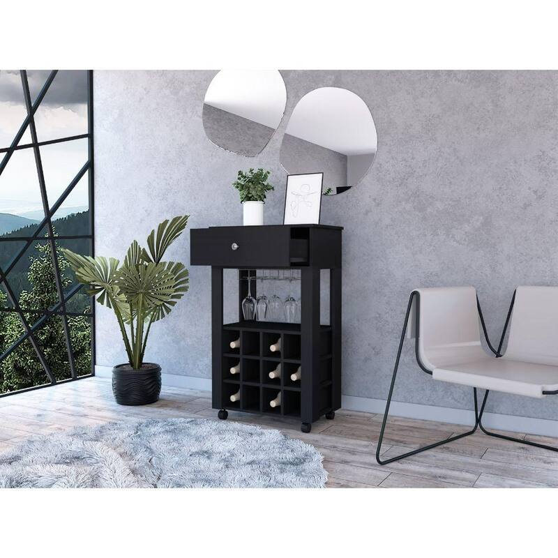 Anmytek Mobile Wine Bar Cart Rolling Wine Cabinet Matte Black Modern Bar Cart for Living Room Dining Room