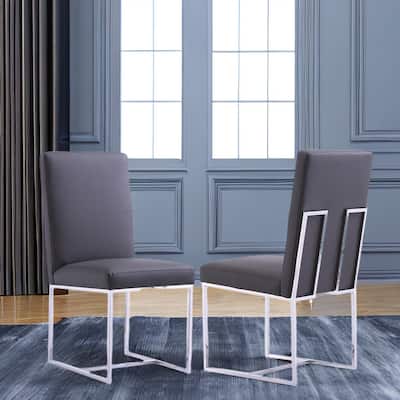 Dining Room Chairs in Grey PU Leather and Mirrored Silver Metal Legs