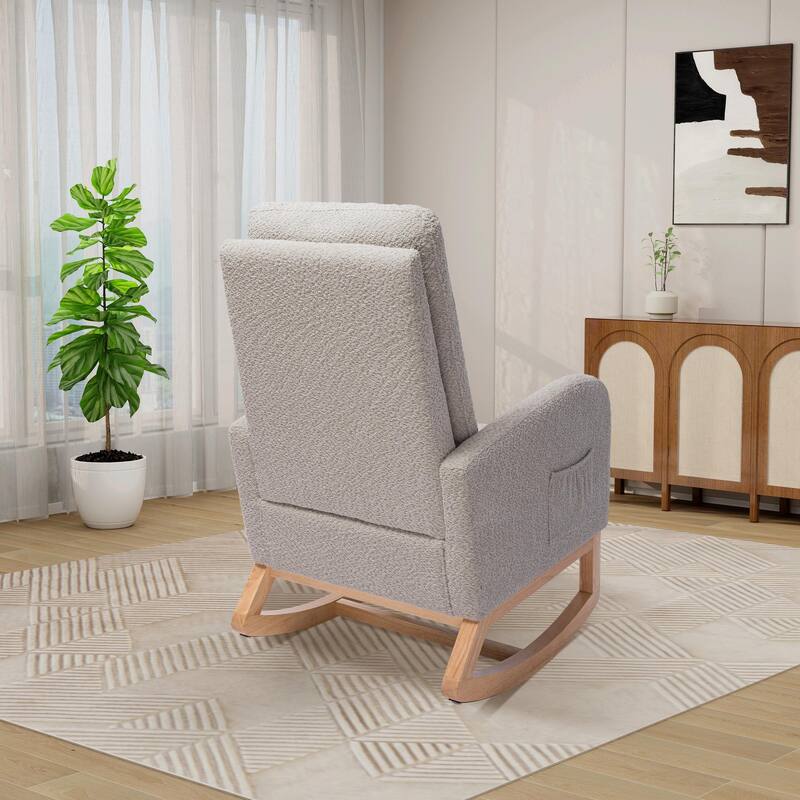 Nursery Rocking Chair, High Back Glider with Retractable Footrest, Side Pocket, Rubberwood Legs for Living Room, Bedroom