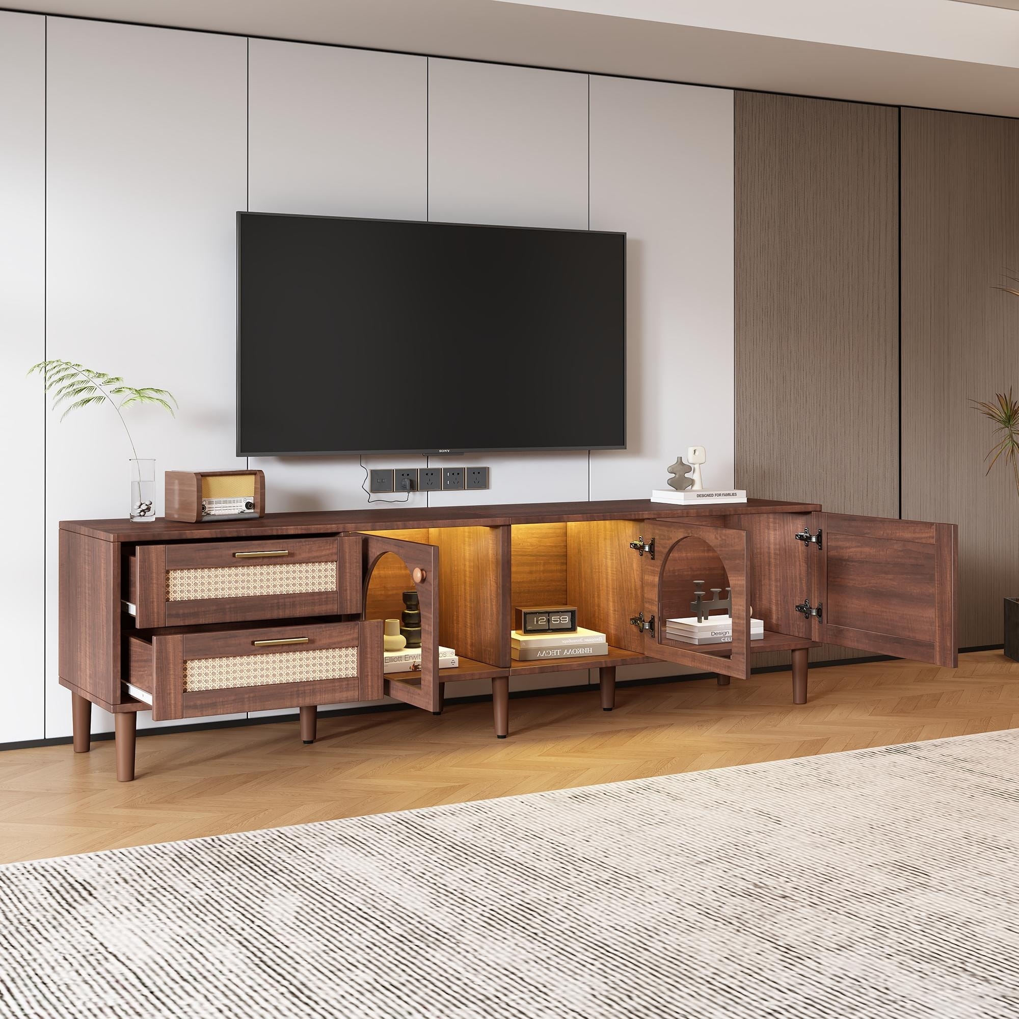 Rattan LED TV Stand Sideboard Media Console Table with Rattan Door