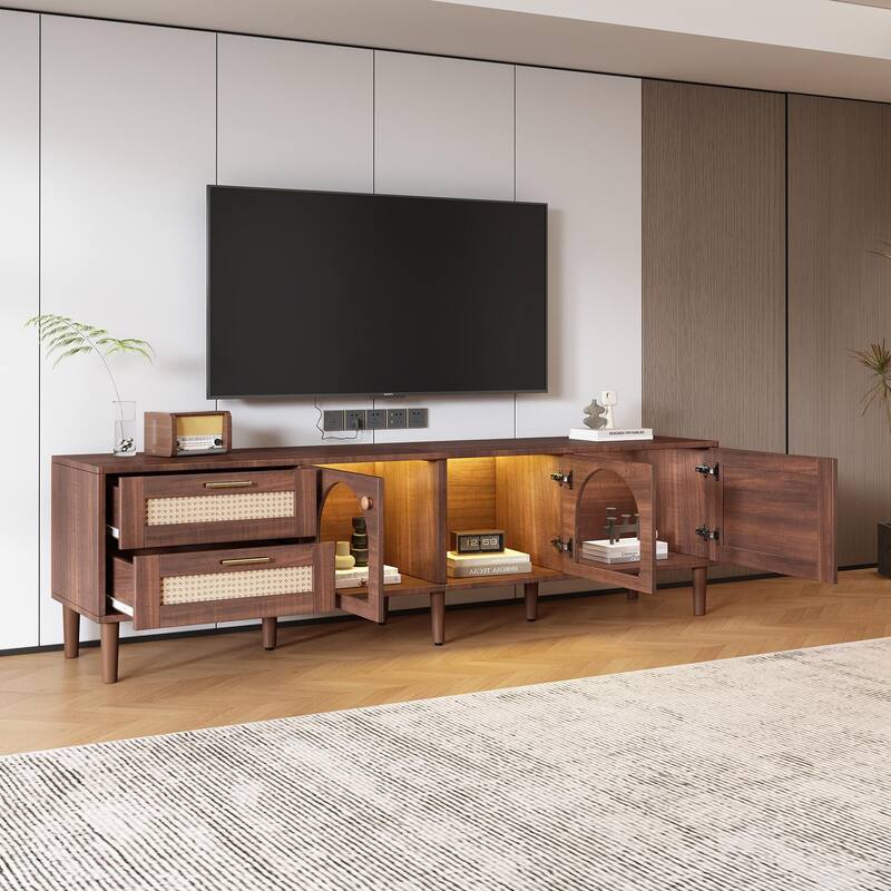 Rattan TV Stand with Cabinets and Drawers,Media Console Table for TVs up to 80'', LED Light Entertainment Center