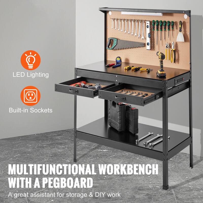Workbench For Garage Oak Plank & Carbon Steel Heavy Duty Workbench