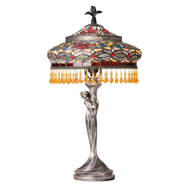 Parisian River of Goods Antique Silver Polyresin and Stained Glass Bell Shade 24-Inch Table Lamp - 12" X 12" X 24" - Amber/Red/Blue/Green/Antique Silver - 12" X 12" X 24"
