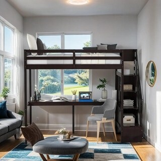 Twin Size Loft Bed with Storage Staircase and Built-in Desk, Espresso
