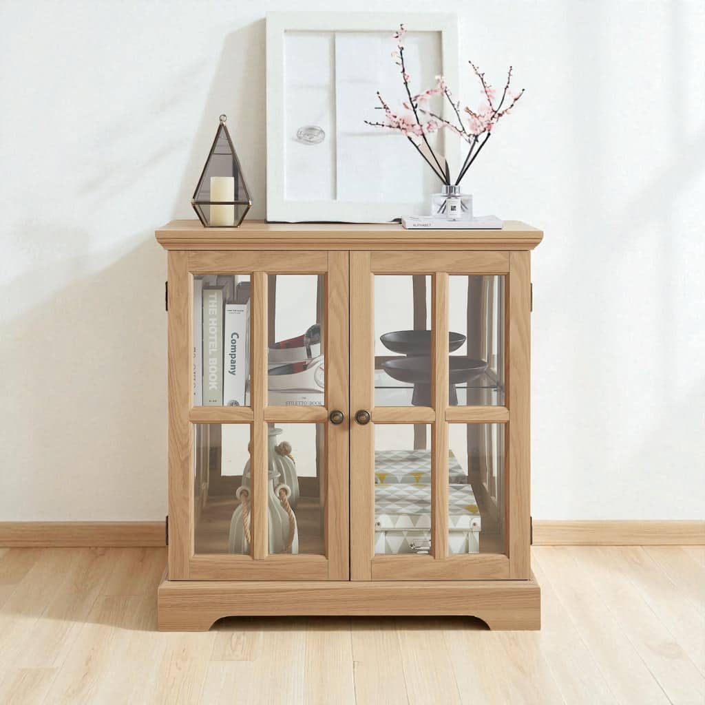 LED Lighted Curio Display Cabinet with Adjustable Shelves, Retro Glass Showcase and Lattice Doors