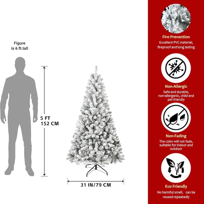 6FT Flocked Christmas Tree - Artificial Snowy Holiday Tree with 678 Tips, Full Shape PVC, Sturdy Metal Stand