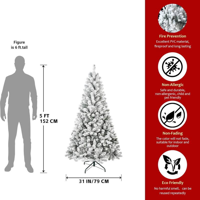 Anmytek 5FT Flocked Christmas Tree - 407 Branch Tips Artificial Snowy Tree with Metal Stand