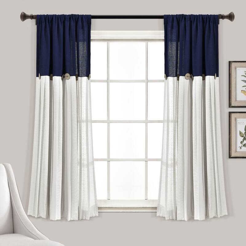 Lush Decor Linen Button Single Panel Window Curtain - 63"L x 40"W - Navy/Off-White