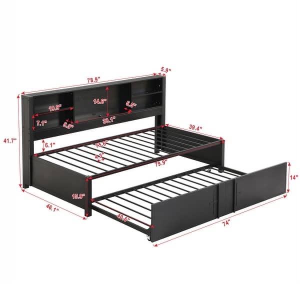 dimension image slide 0 of 2, Metal Twin Size Daybed w/Twin Size Trundle, Storage Shelves, USB Ports
