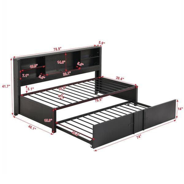 dimension image slide 1 of 2, Twin Size Daybed with Trundle, Metal Captain Bed Frame with Storage Shelves & USB Ports for Small Space, No Box Spring Needed