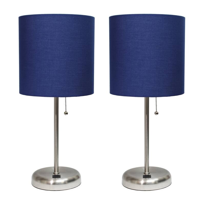 19.5 in. Brushed Steel Finish Table Lamp with Blue Shade, Durable Stick Lamp for End/Side Tables, Set of 2