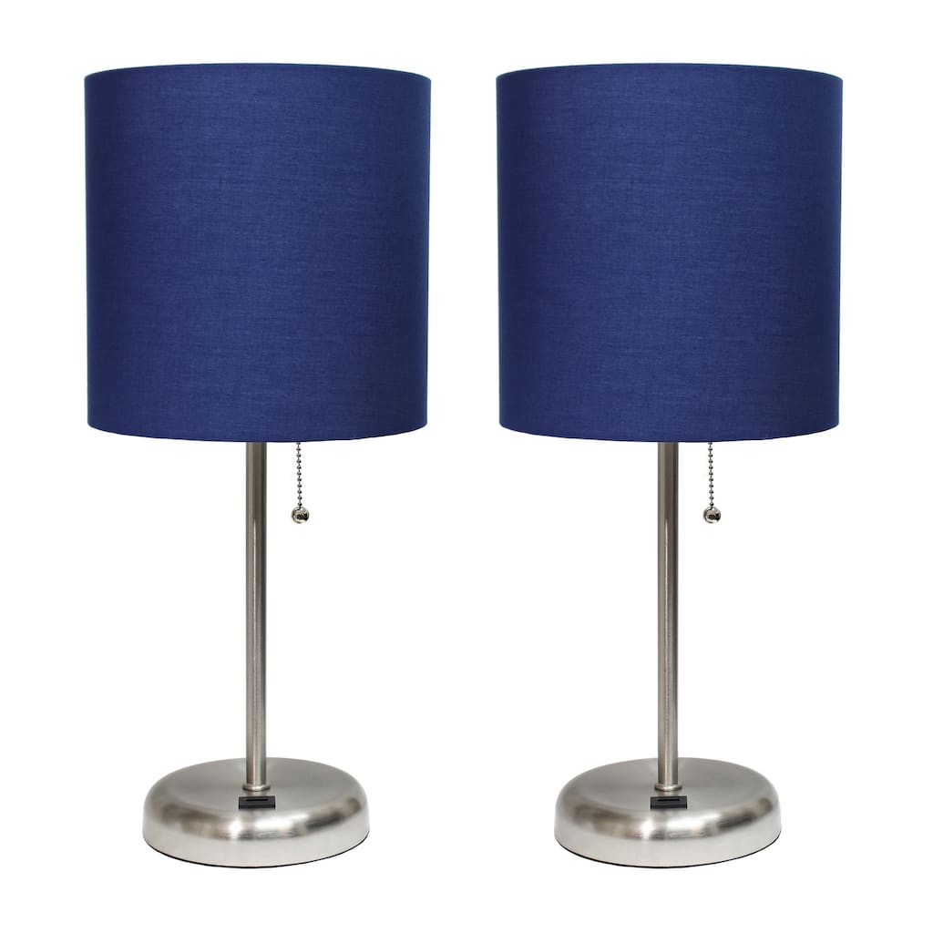 19.5 in. Brushed Steel Finish Table Lamp with Blue Shade, Durable Stick Lamp for End/Side Tables, Set of 2