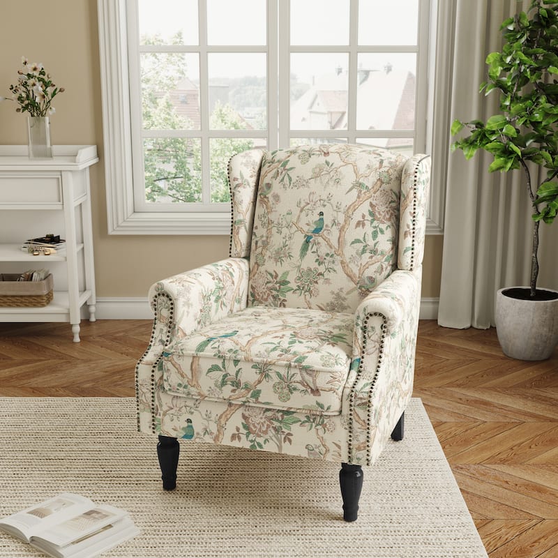 Traditional Floral Patterned Wingback Armchair with Nailhead Trim