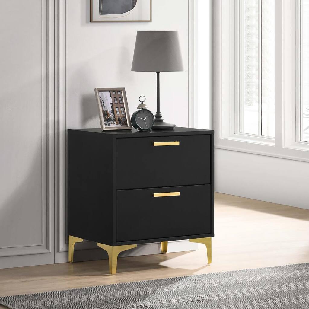 Black and Gold 2-Drawer Rectangular Nightstand with Gold Pull Handles