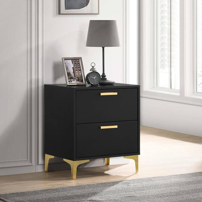 Black and Gold 2-Drawer Rectangular Nightstand with Gold Pull Handles - Black