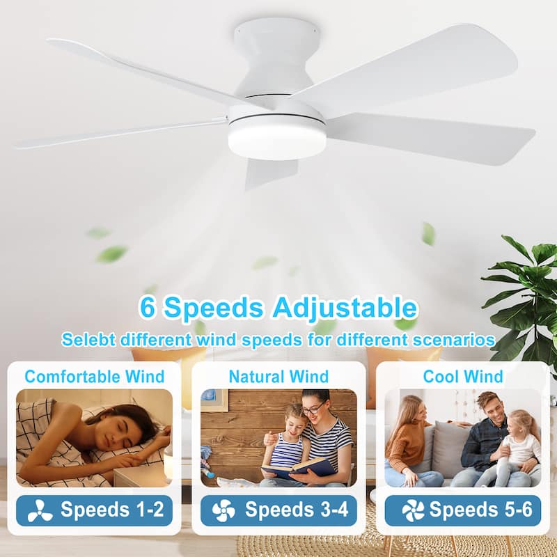 42/35 Inch Low Profile Ceiling Fan with Light: Dimmable, Remote Control, 6-Speed, 5 Blades