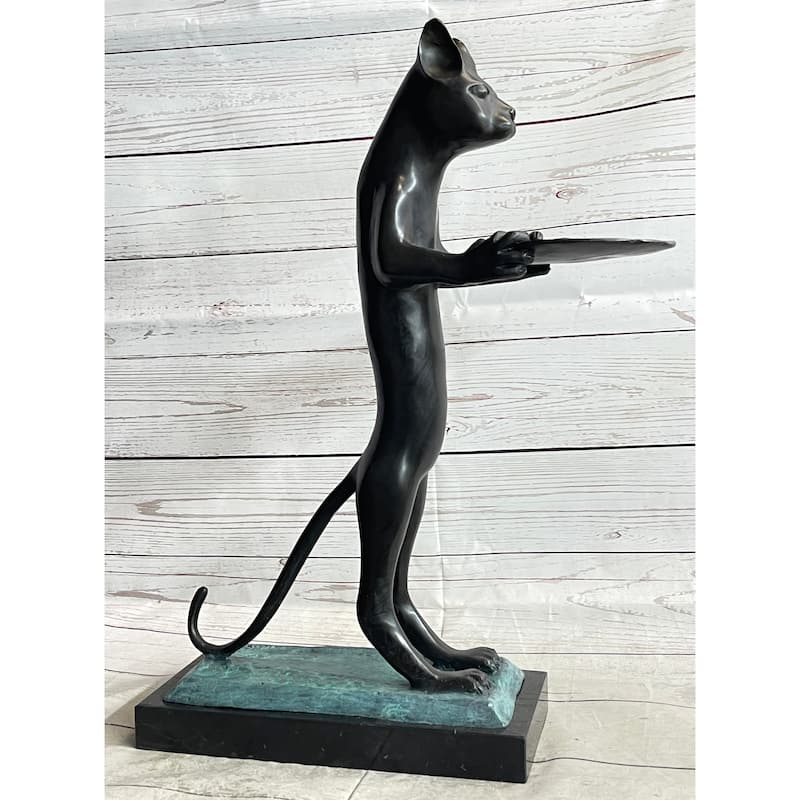 Standing Imitative Cat Holding Tray Business Card Holder Bronze Sculpture Statue Original Art Decor