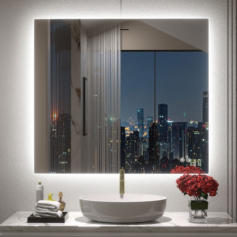 Frameless Anti-Fog 3 Colors Dimmable LED Backlit Wall Bathroom Vanity Mirror - 36" x 32"-Rectangular