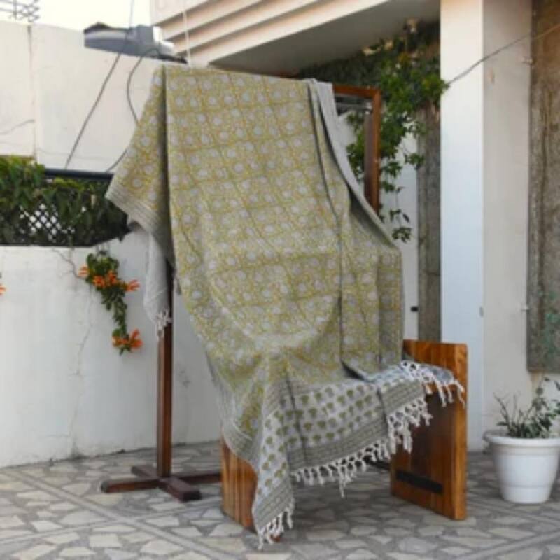 Fabdivine Floral 6 Kamal Handwoven Cotton Blanket - Stylish Block Print Reversible Throw with Artisan Tassels, 90" x 54"