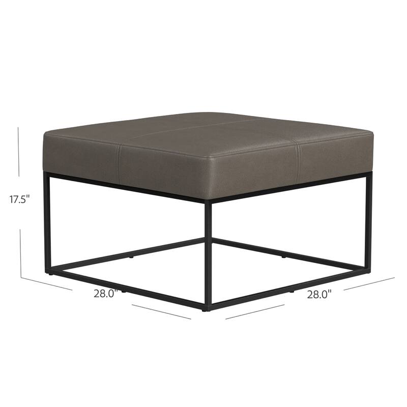 Kai Ottoman, Pewter Gray Faux Leather and Black Metal, 28 Inch Square