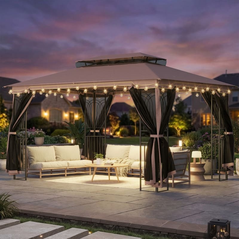 Outdoor Steel Gazebo, Double Roof Patio Canopy with Netting, Curtains & Hanging Hooks for Backyard Deck Garden