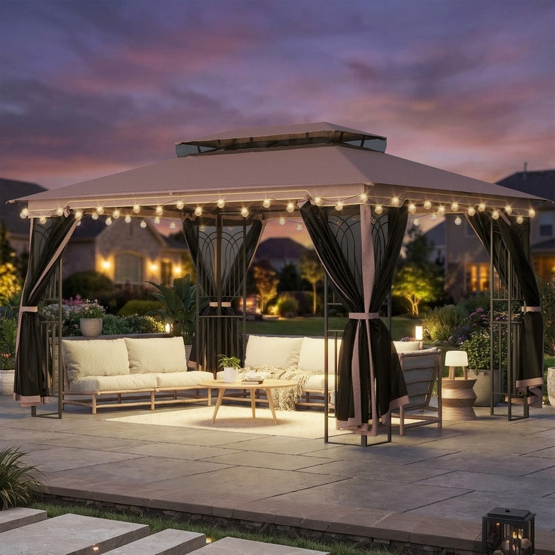 Outdoor Steel Gazebo, Double Roof Patio Canopy with Netting, Curtains & Hanging Hooks for Backyard Deck Garden
