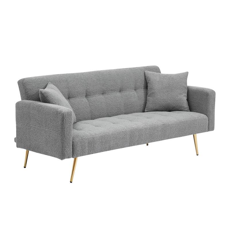 71" Modern Teddy Velvet Sofa Bed Folding Couch with Two Throw Pillows for Living Room