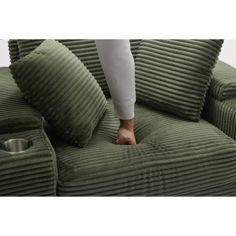 Corduroy Sofa Sets with Ottoman, Handrail Storage and Cup Holders