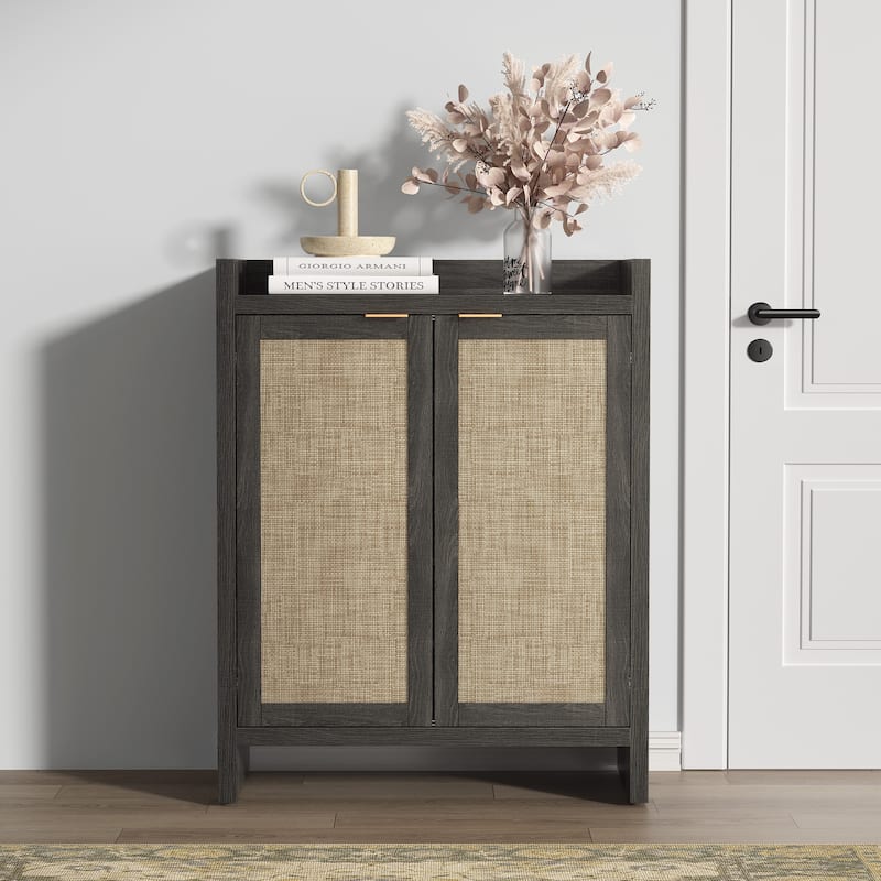 2 Doors Modern Natural Rattan Shoe Cabinet - Black - 41 x 32.4 x 14.8