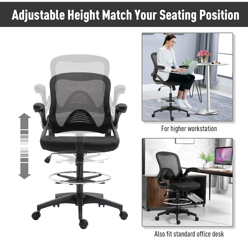 Vinsetto Drafting Office Chair with Flip-Up Armrests, Footrest Ring and Adjustable Seat Height, Black