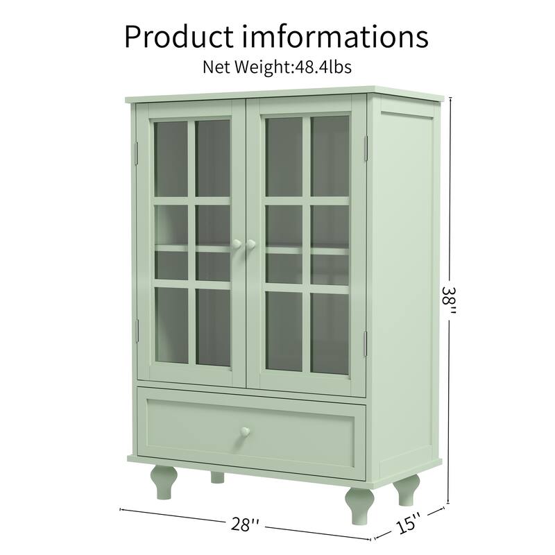 Accent Cabinet with Glass Doors and Drawers, Wooden Buffet and Sideboard Cupboard with Storage