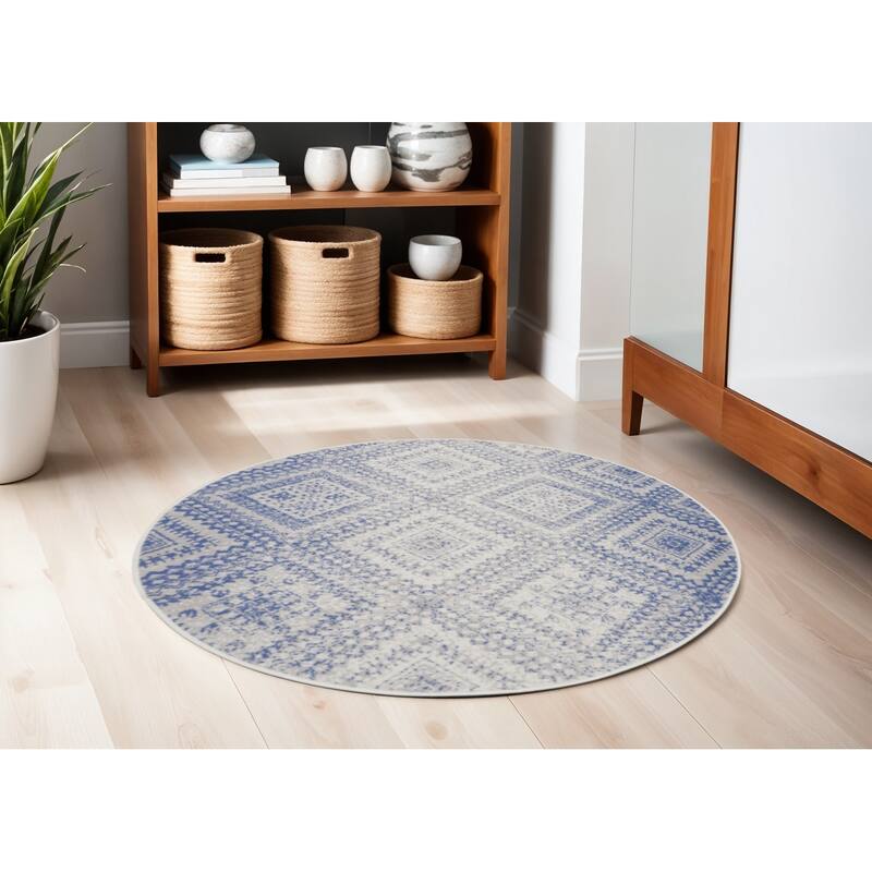 Gizo Power Loomed Distressed Geometric Modern Stain Resistant Area Rug By HomeRoots - 60' X '60' X '0.39 - 60' X '60' X '0.39 - Oxford Blue - Round