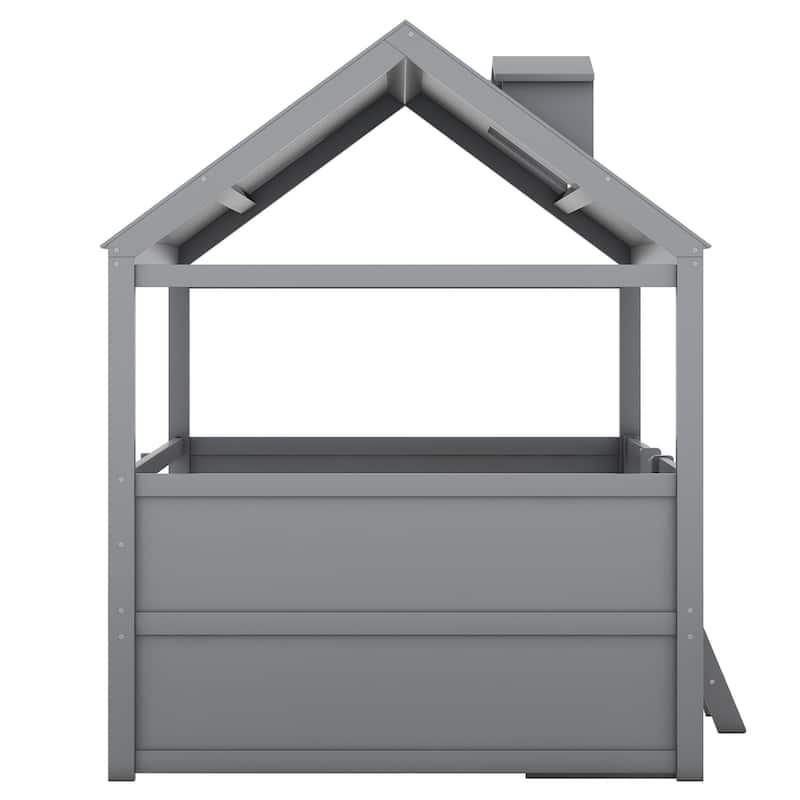 Full Size Wooden House Bed Frame with Roof Skylights, Drawers and Shelves, Kids Playhouse Bed with Ladder, Storage, and Fencing