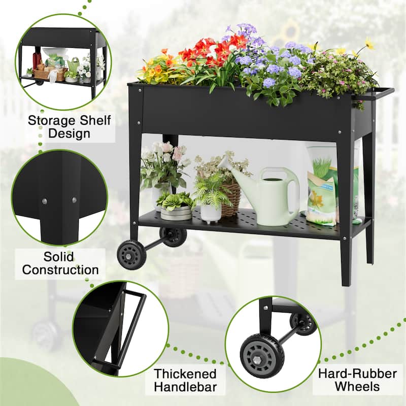 Homall Raised Garden Bed on Wheels Outdoor Metal Mobile Elevated Planter Box W/ Legs & Storage Shelf