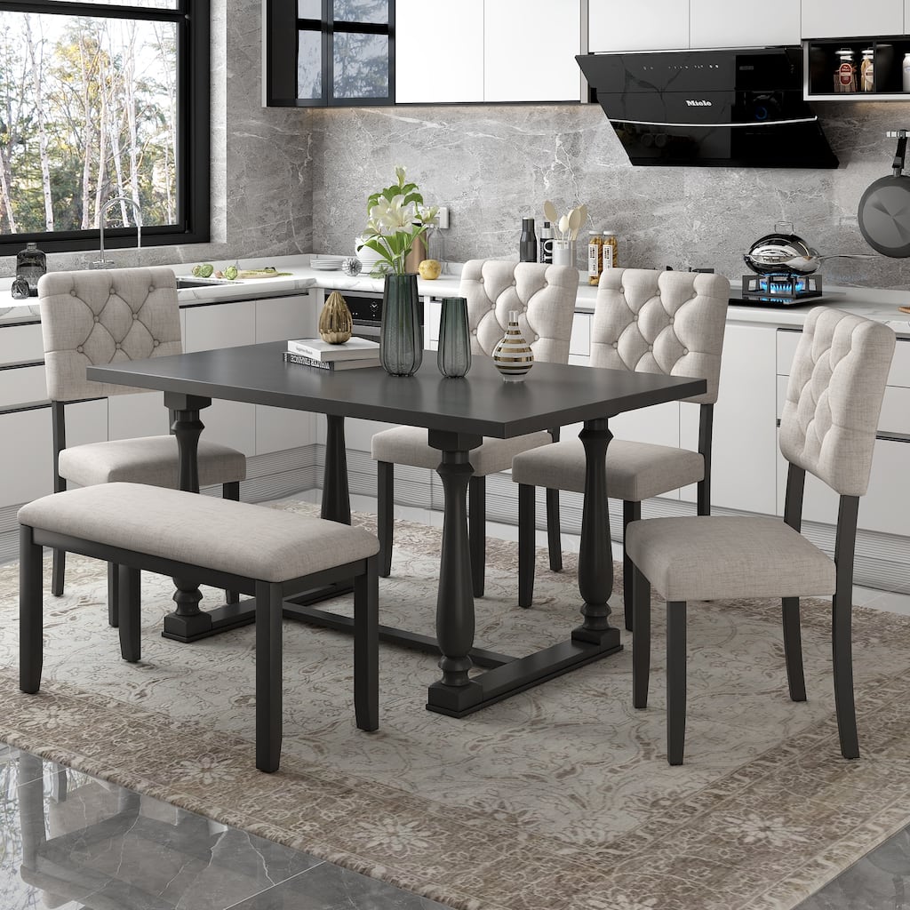 Gray 6-Piece Wooden Dining Table Set with Rectangular Table, 4 Chairs & Bench