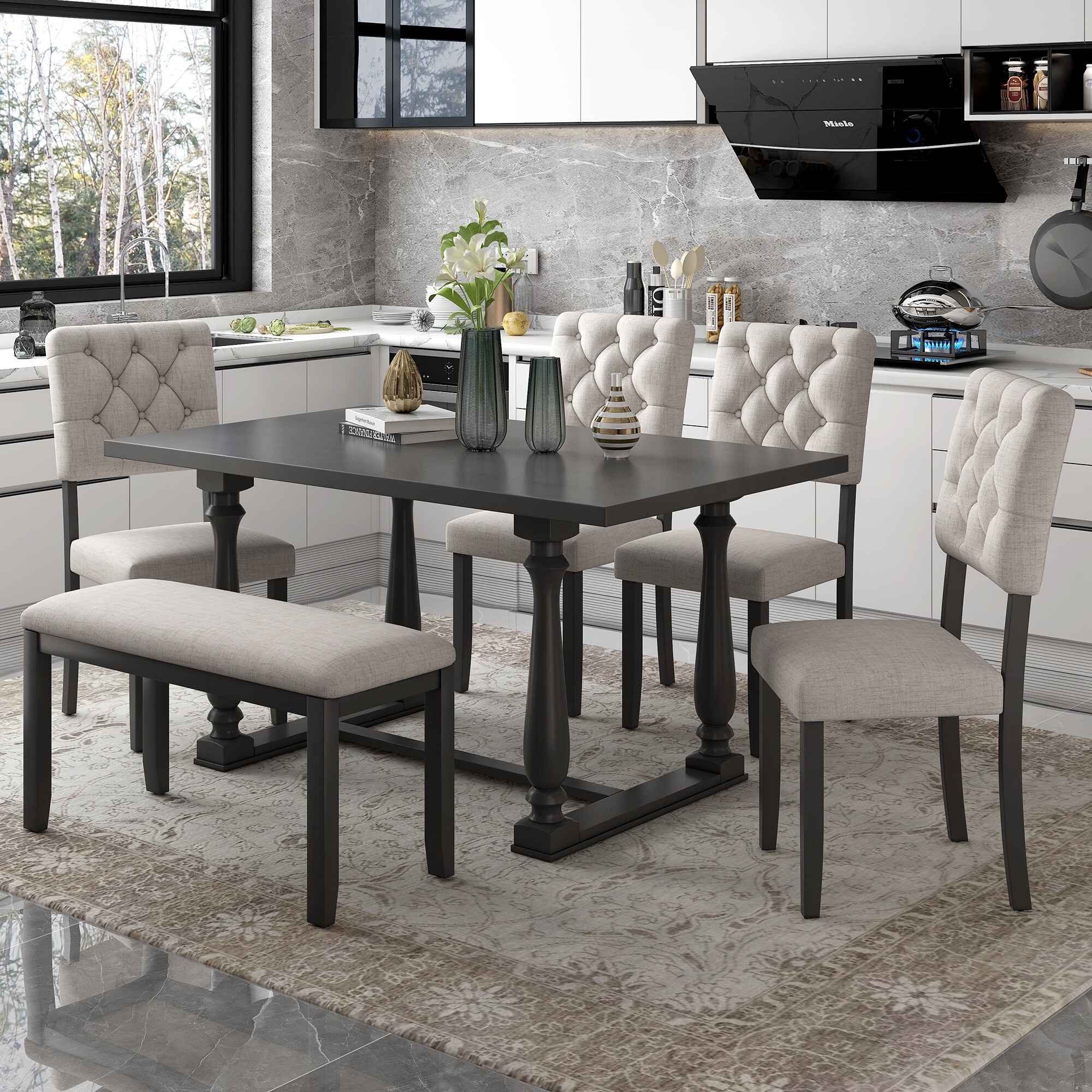 Retro 6 Piece Dining Set Special Shaped Kitchen Dining Table Set with 4 Foam Covered Dining Chairs and 1 Matching Bench