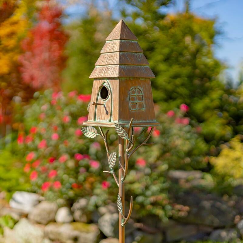 70.25" Tall Haystack Cabin Birdhouse Garden Stake "Sumeru" - 10" L x 7.5" W x 70.25" H - Brown