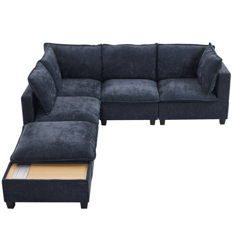 U-Shaped Sectional Sofa with Ottoman, Coffee Table with Hidden Charging Devices, Oversized Chenille Upholstered Cloud Sofa