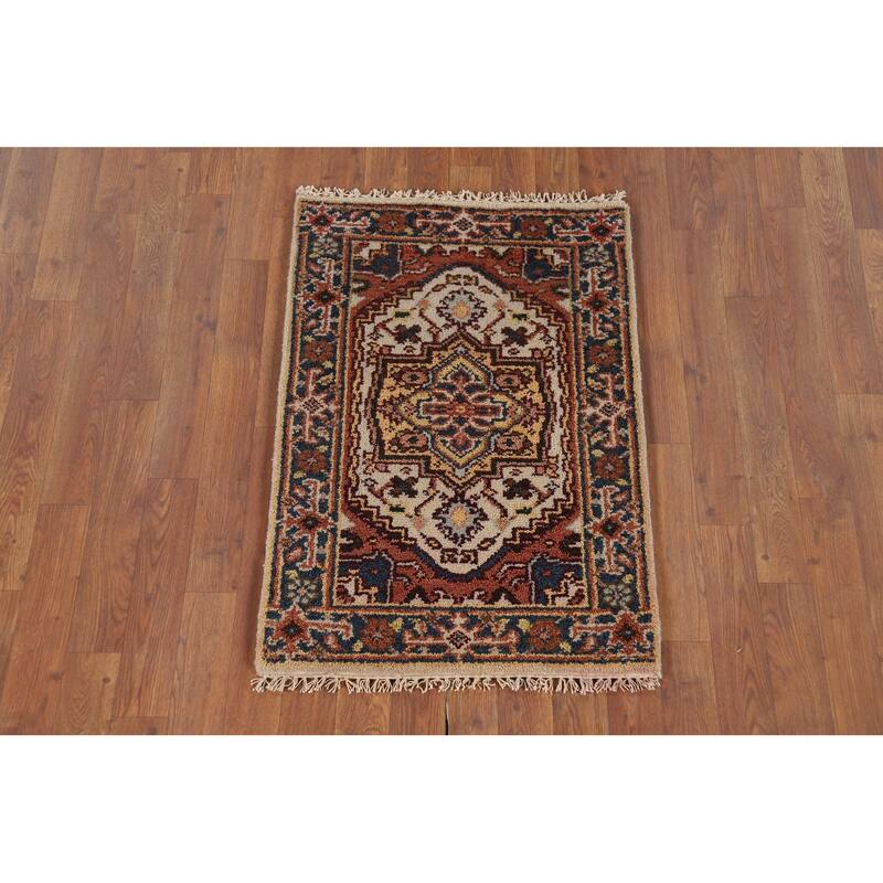 Heriz Serapi Indian Accent Rug Hand-Knotted Beige Wool Carpet - 2'0" x 3'0"