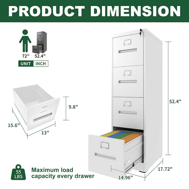 4 Drawer File Cabinet with Lock Metal Vertical File Cabinet Office Home, A4 Legal/Letter Size Narrow File Cabinet Locked