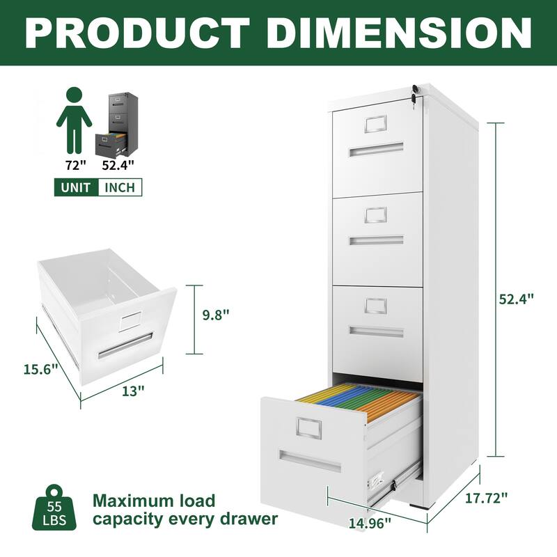 4 Drawer Vertical Filing Cabinet with Lock, Metal Narrow File Storage Cabinet with Anti-Tilt Drawers
