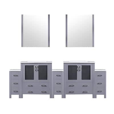 96 in. Dark Grey Double Vanity with White Ceramic Top, Two Side Cabinets, 28 in. Mirrors, Soft Close, Ample Storage