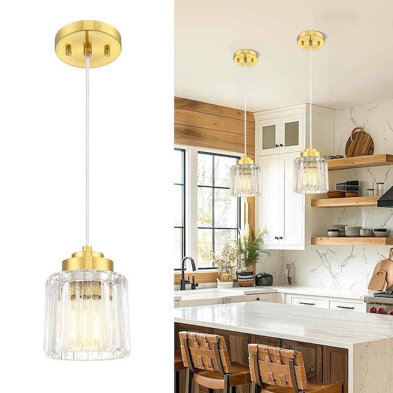 Modern 1-Light Clear Fluted Ripple Glass Adjustable Pendant - Gold