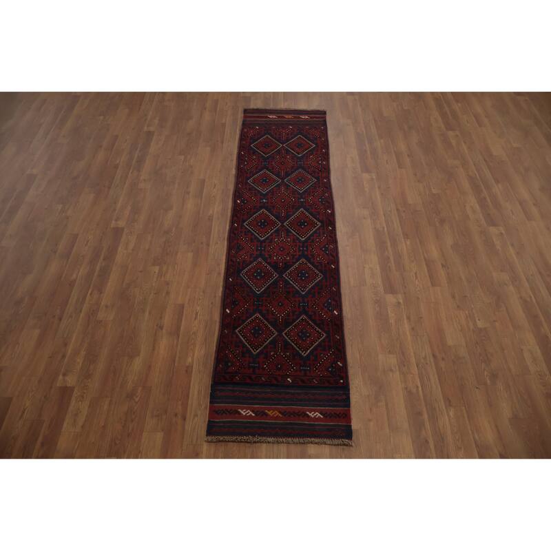 Hand Knotted Oriental 100% Wool Carpet Traditional Tribal Navy Blue & Blues Balouch Runner Rug - 8' 3'' X 2' 1''