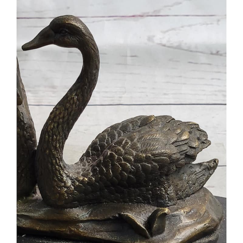 Pair Of Swans Romantic Love Bronze Sculpture Statue Figure Decor On Marble Base Signed Milo