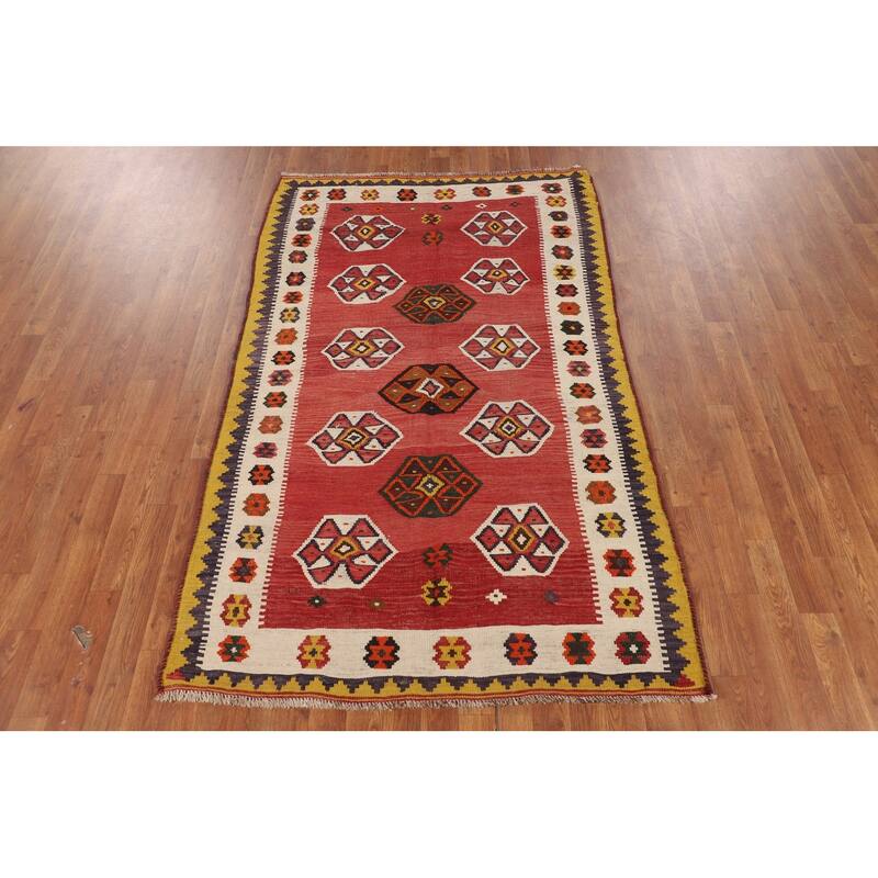 Kilim Qashqai Persian Vintage Rug Hand-Woven Geometric Red Wool Carpet - 4'1"x 6'8"
