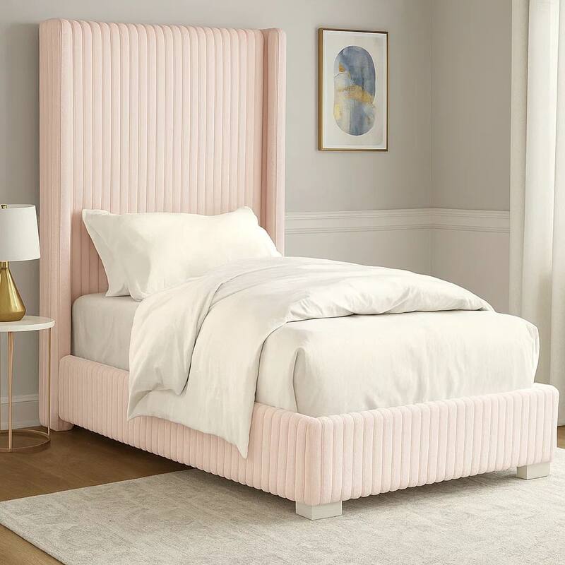 Wolo Twin Size Bed, Pink Channel Tufted Fur Chenille Upholstery