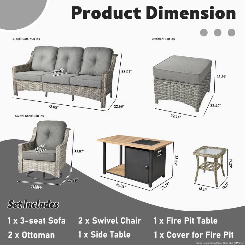 HOOOWOOO 7-piece Wicker High Back Patio Furniture Swivel Rocker Set with Fire Pit